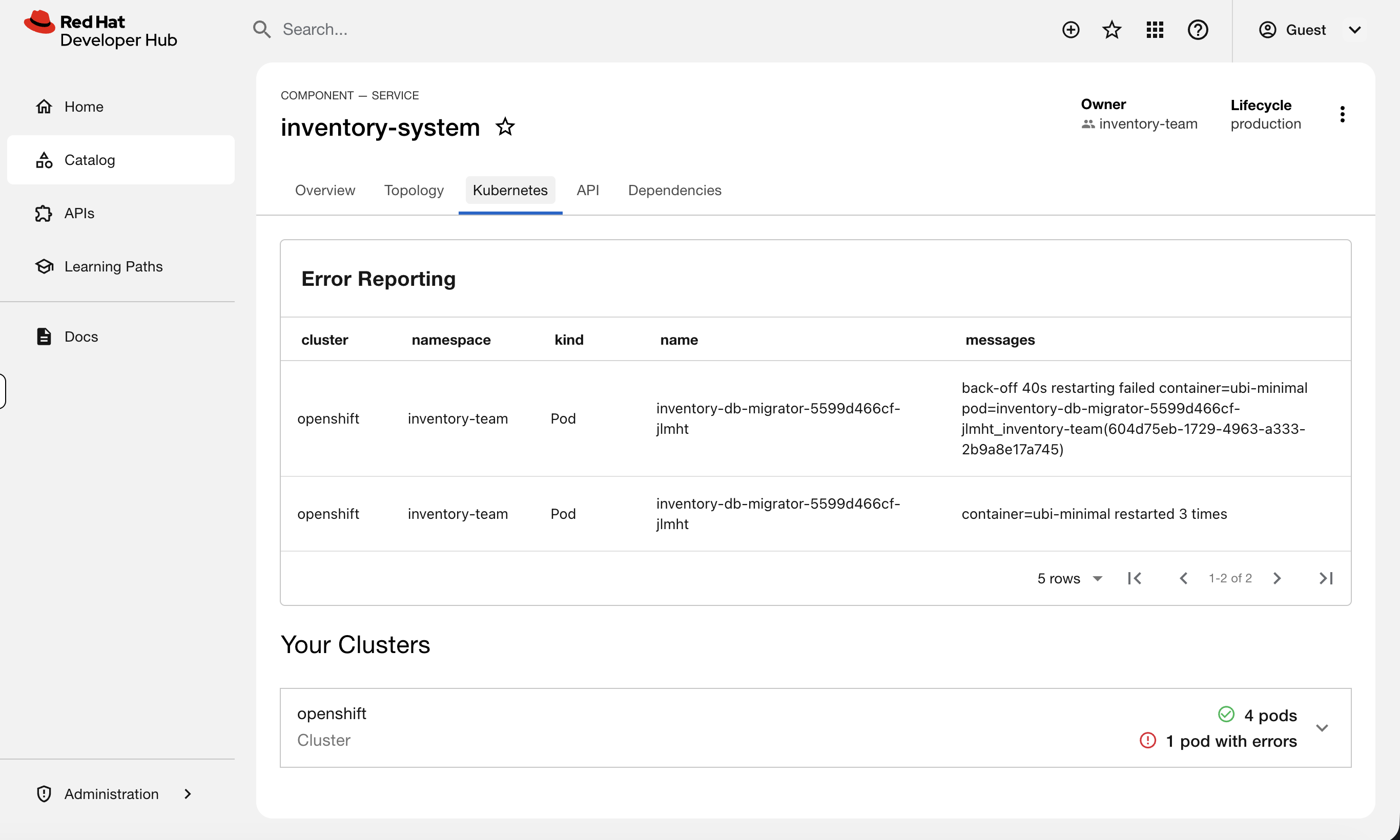 inventory-system showing error reporting with crashlooping pod