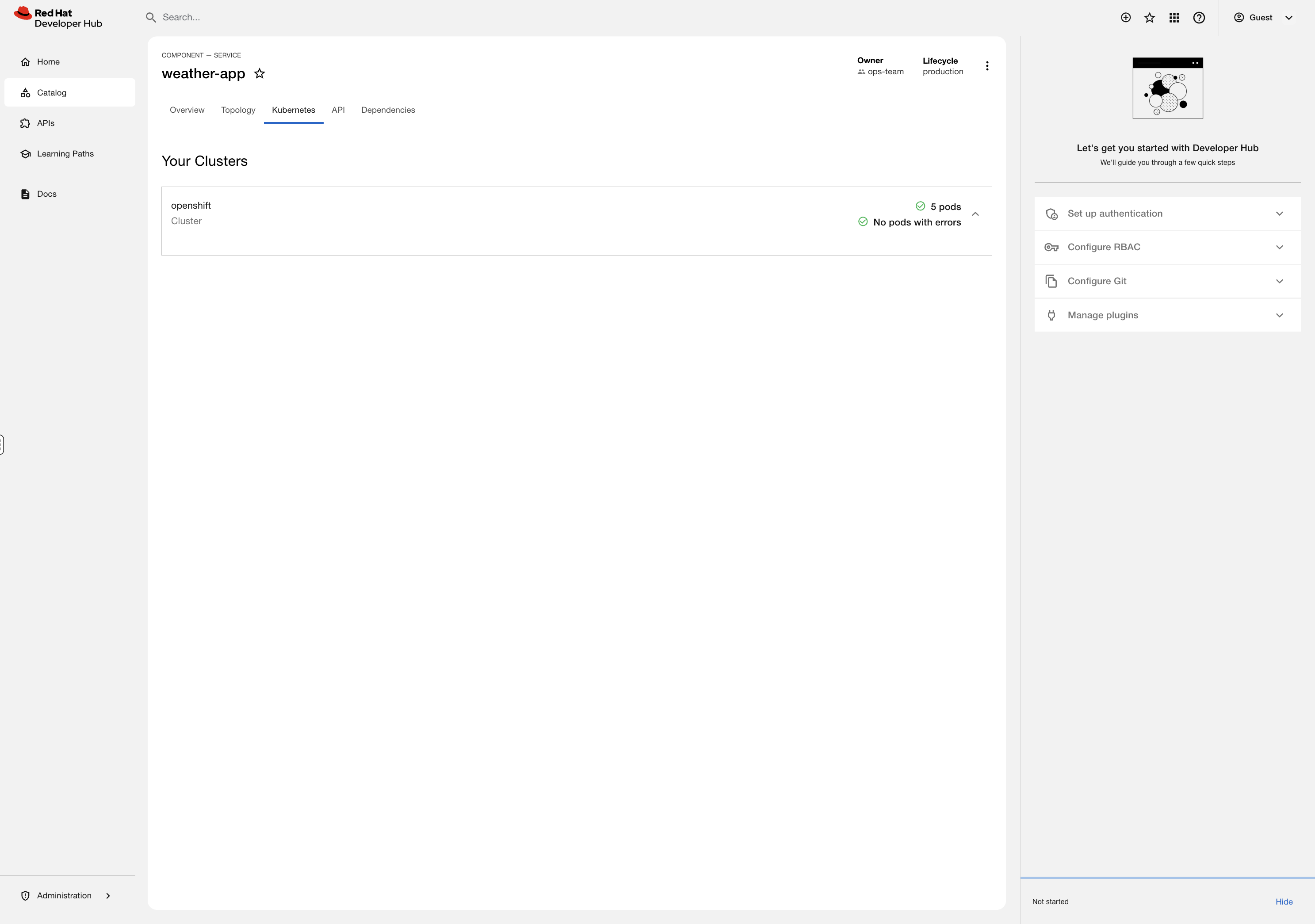 Kubernetes tab showing live pod status for weather-app