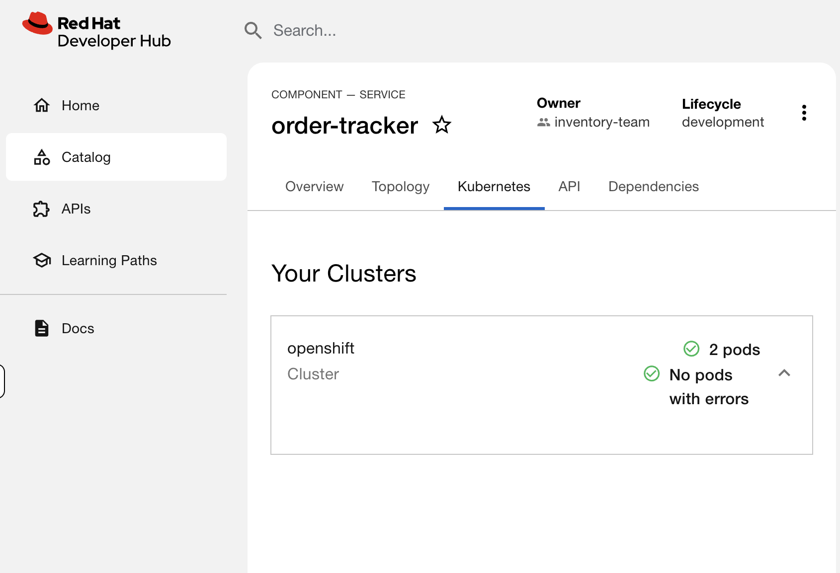 order-tracker showing 2 live pods deployed by the template