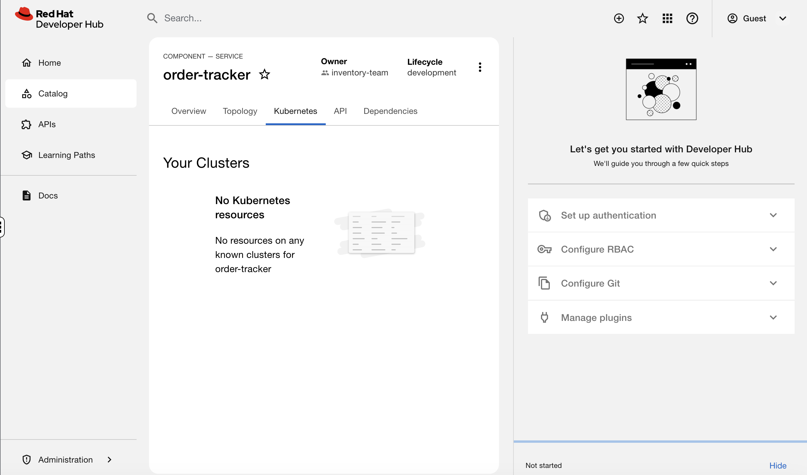 order-tracker Kubernetes tab showing no resources