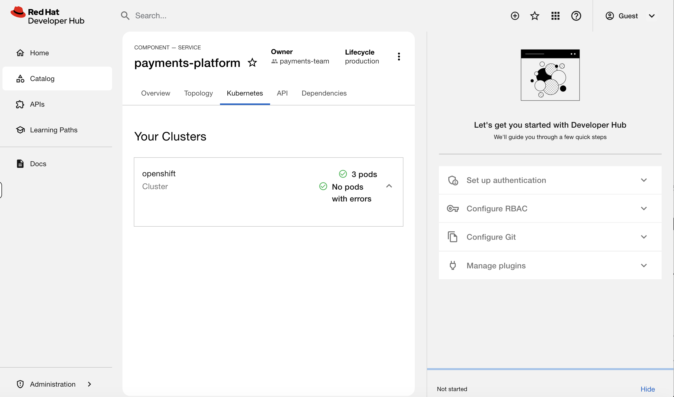 Kubernetes tab showing 3 pods for payments-platform