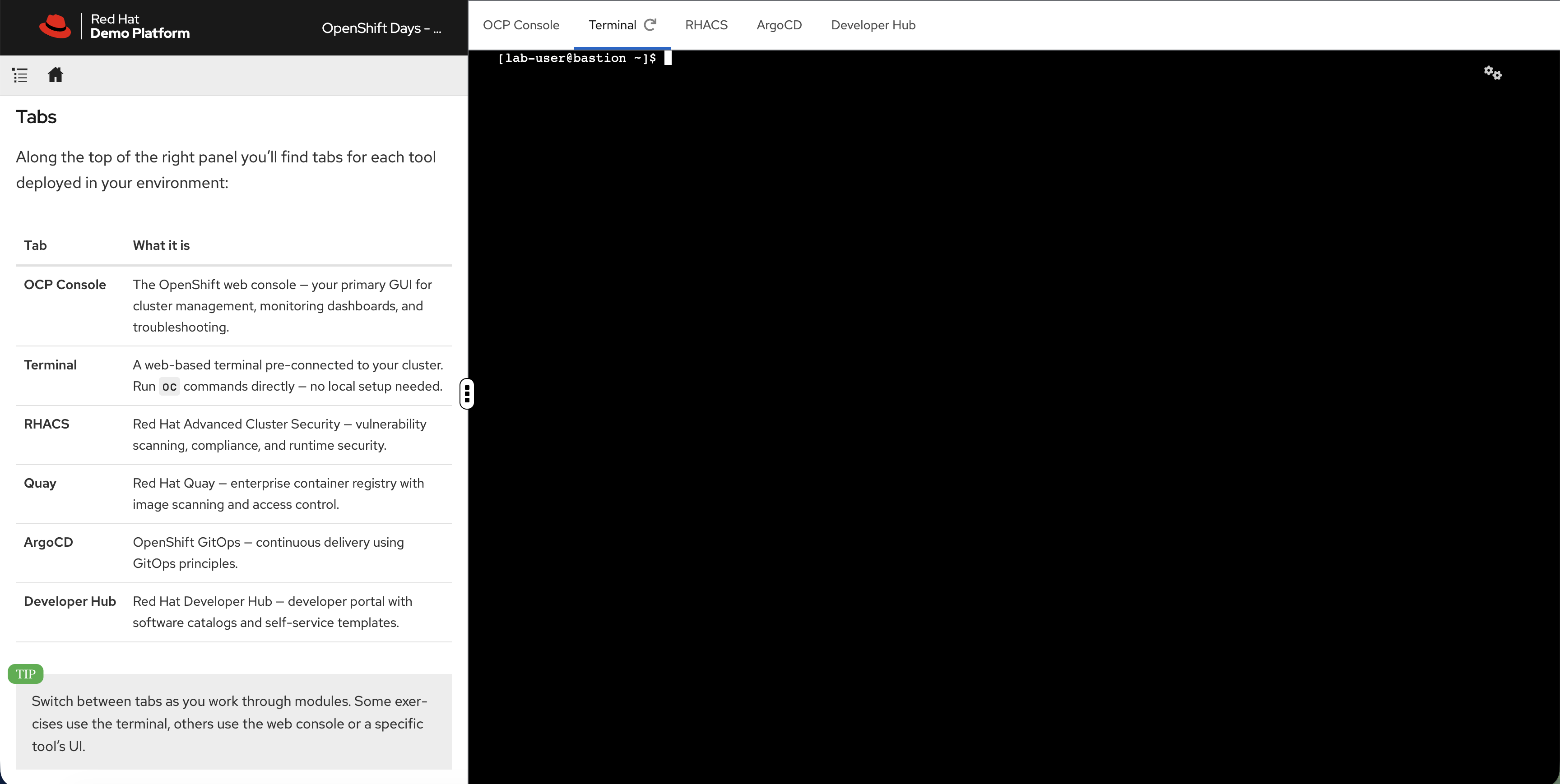 Showroom interface showing tabs for OCP Console