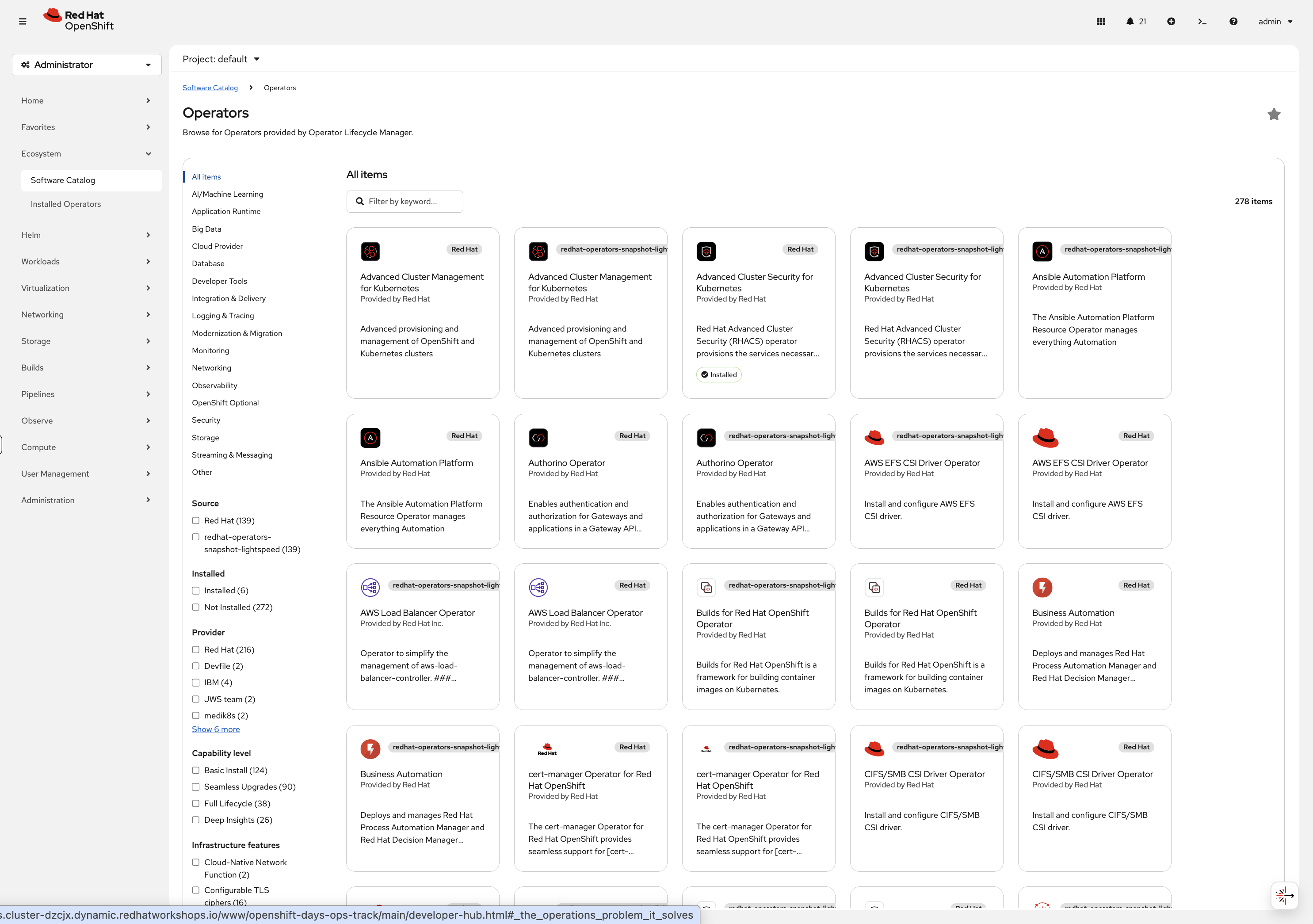 Software Catalog filtered to Operators showing available operator tiles