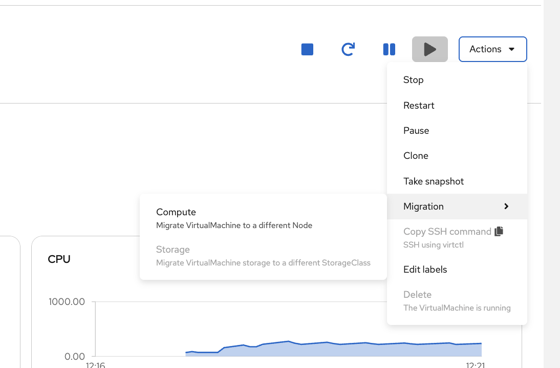 Actions dropdown showing Migration submenu with Compute and Storage options