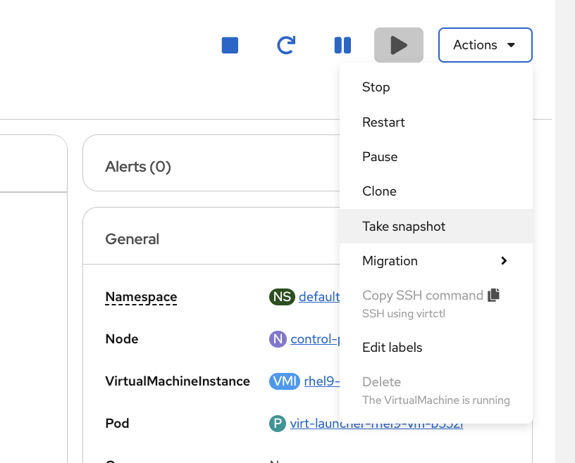 Actions dropdown with Take snapshot option