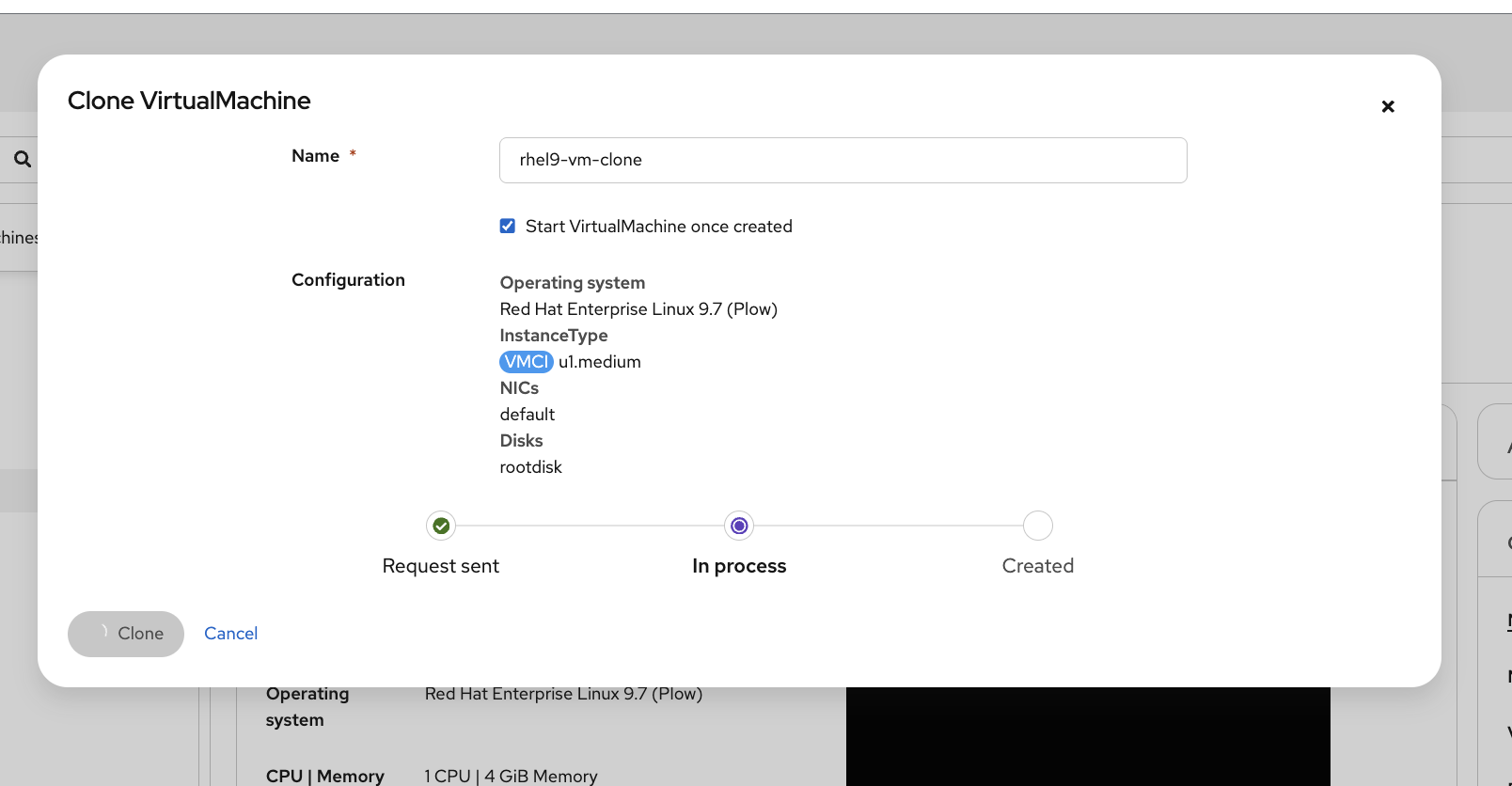 Clone progress showing In process status