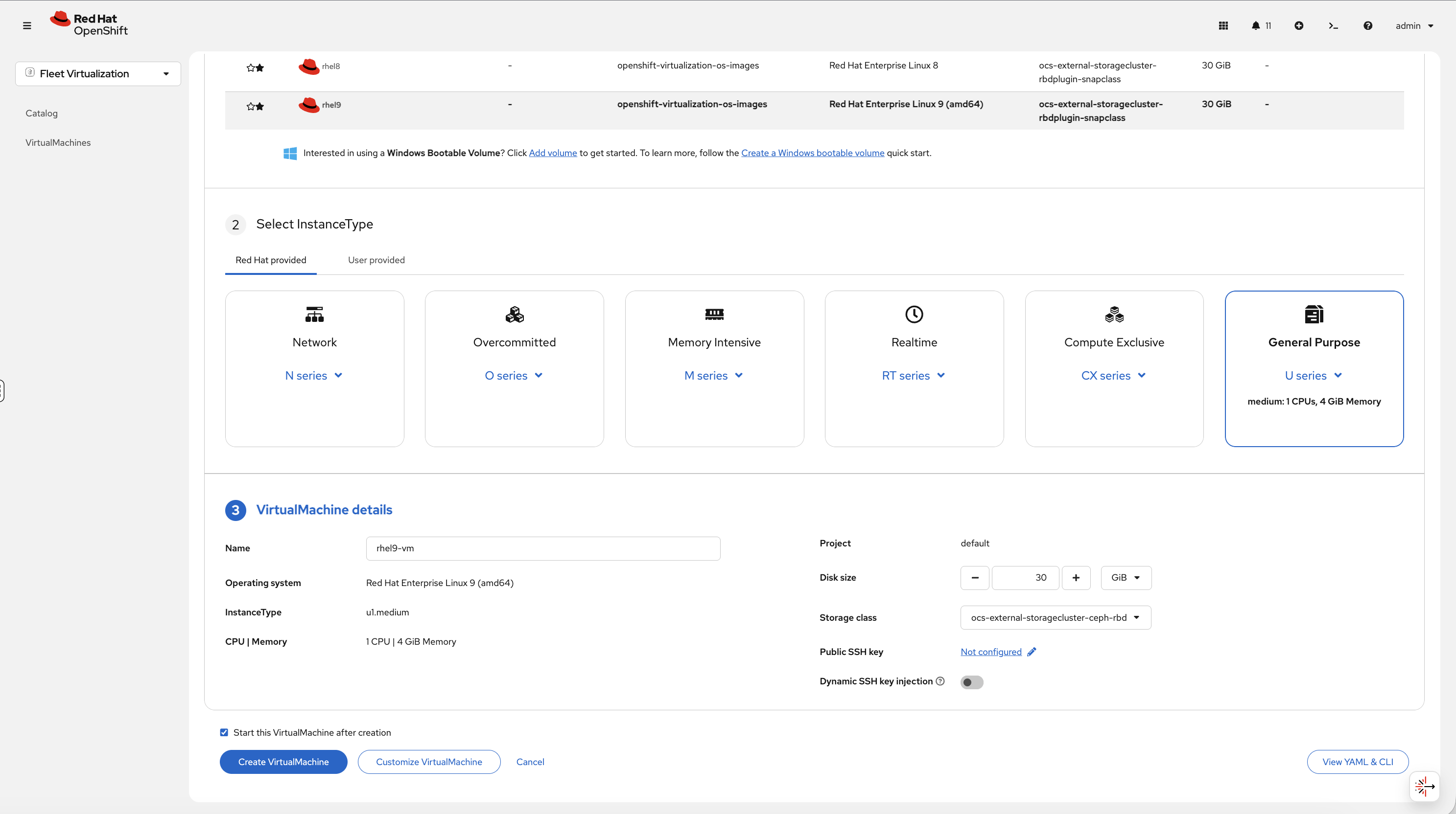VM creation wizard showing InstanceType selection and VM details