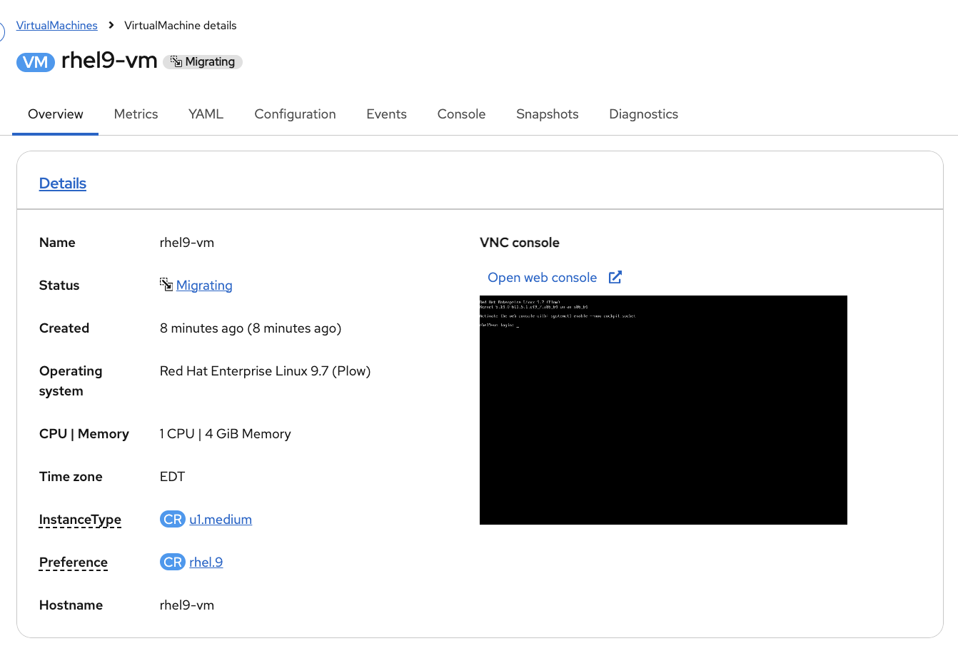 VM details showing Migrating status