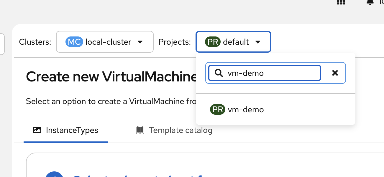Project dropdown showing vm-demo search and selection