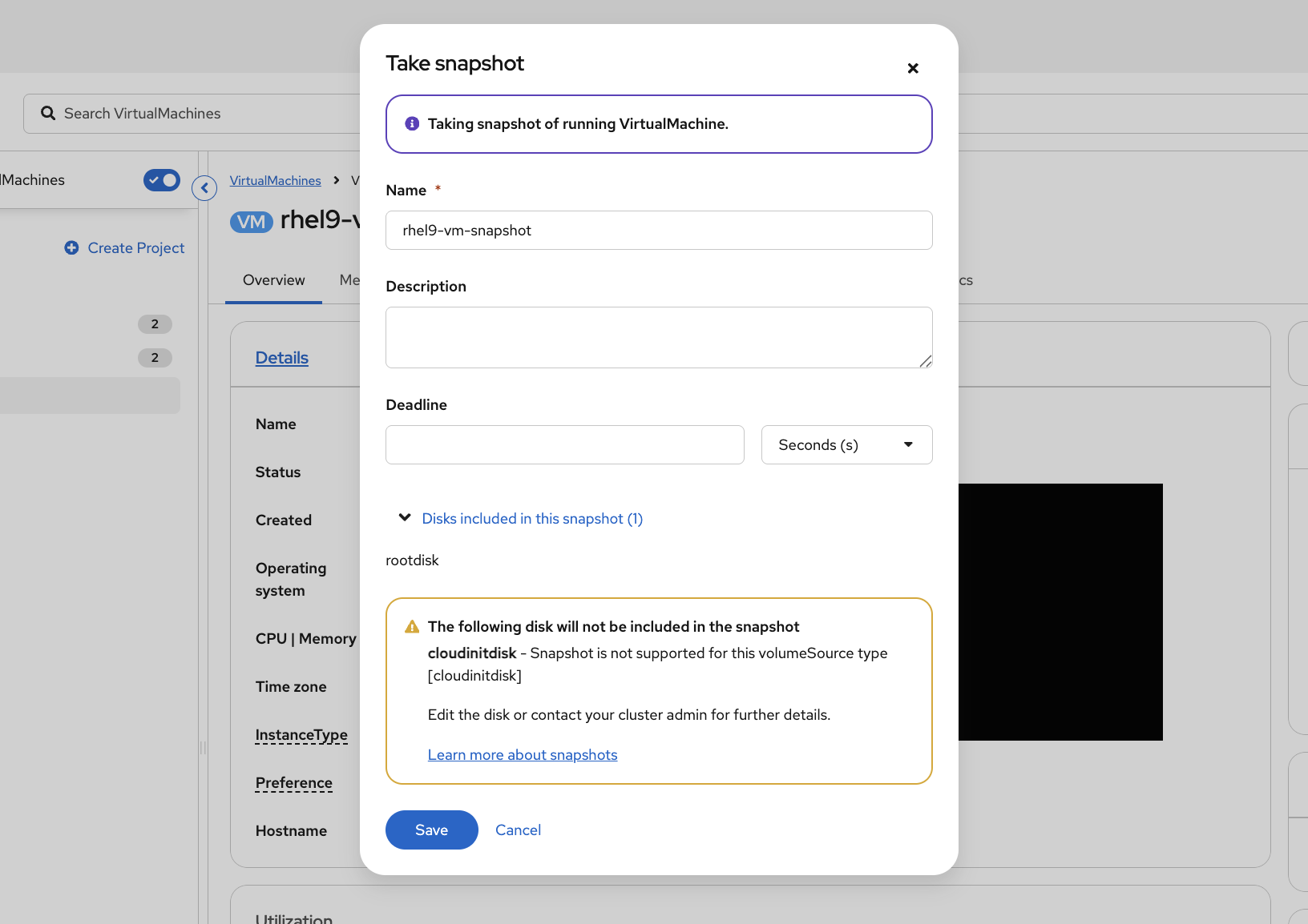 Take snapshot dialog with default name and disk selection