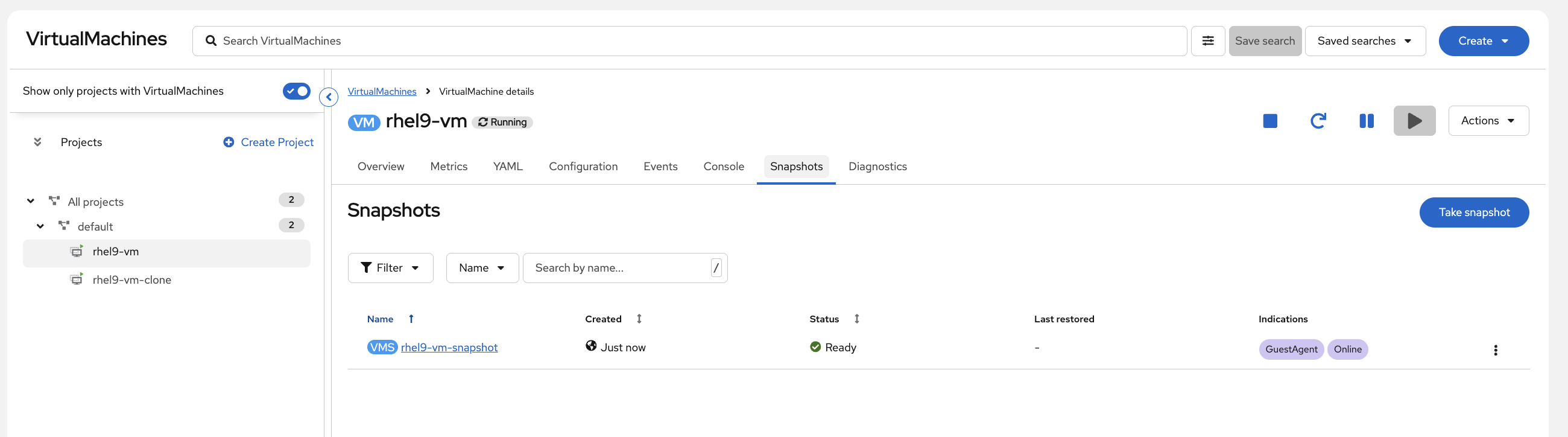 Snapshots tab showing rhel9-vm-snapshot with Ready status