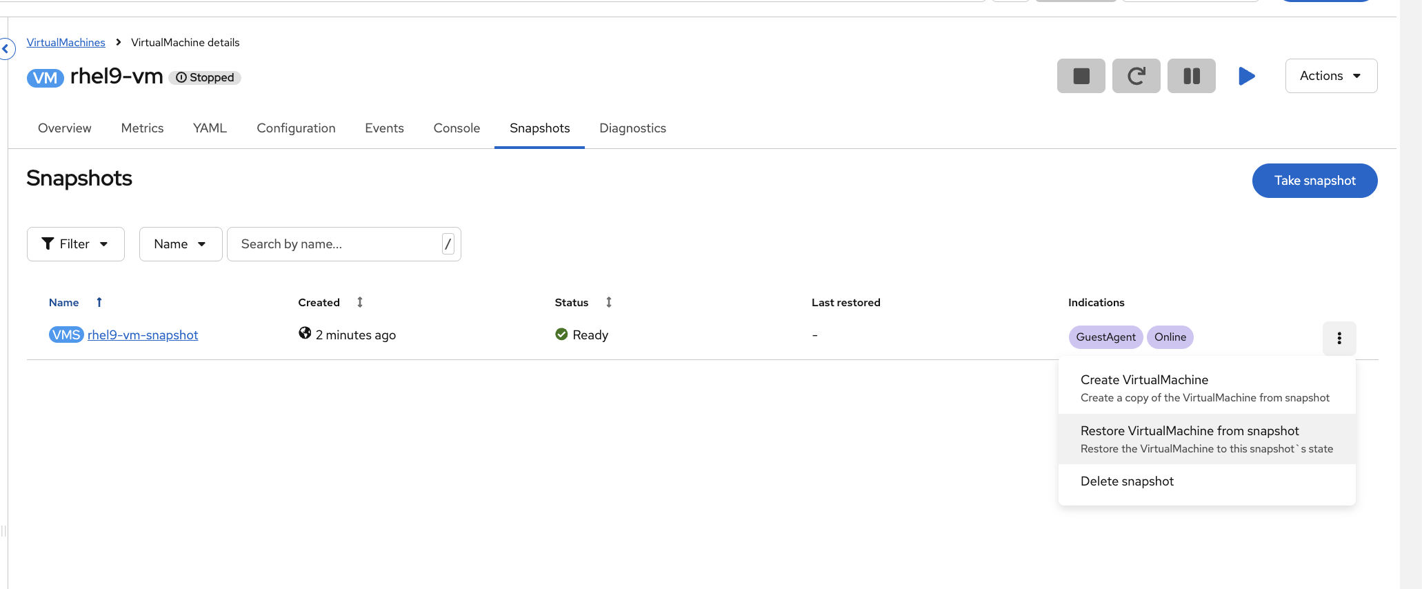 Snapshot kebab menu showing Restore VirtualMachine from snapshot option