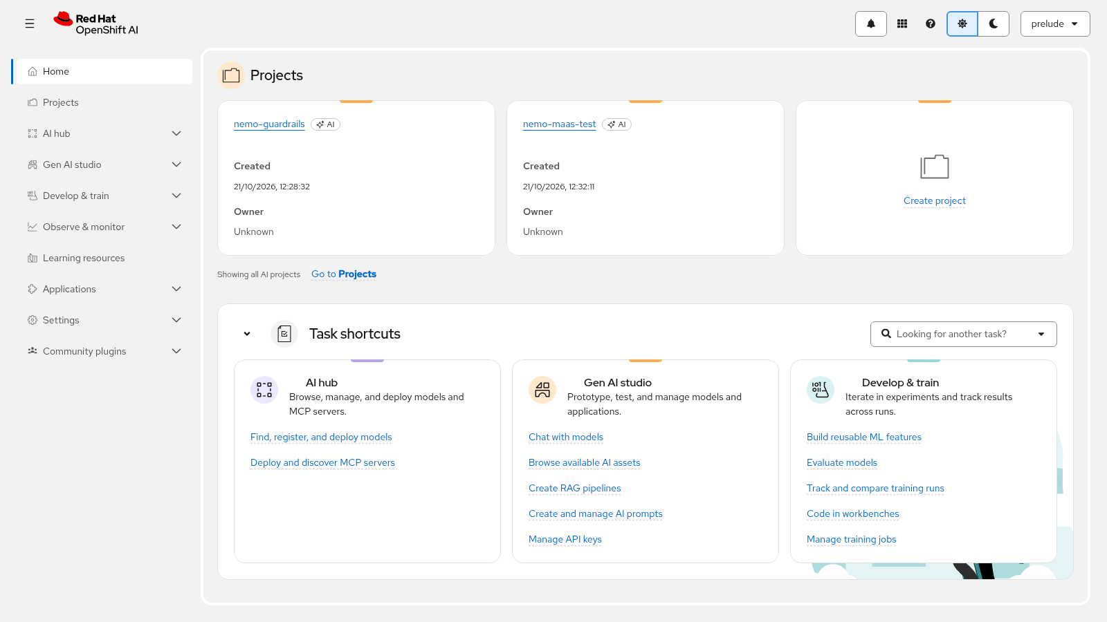 Red Hat OpenShift AI dashboard home after logging in