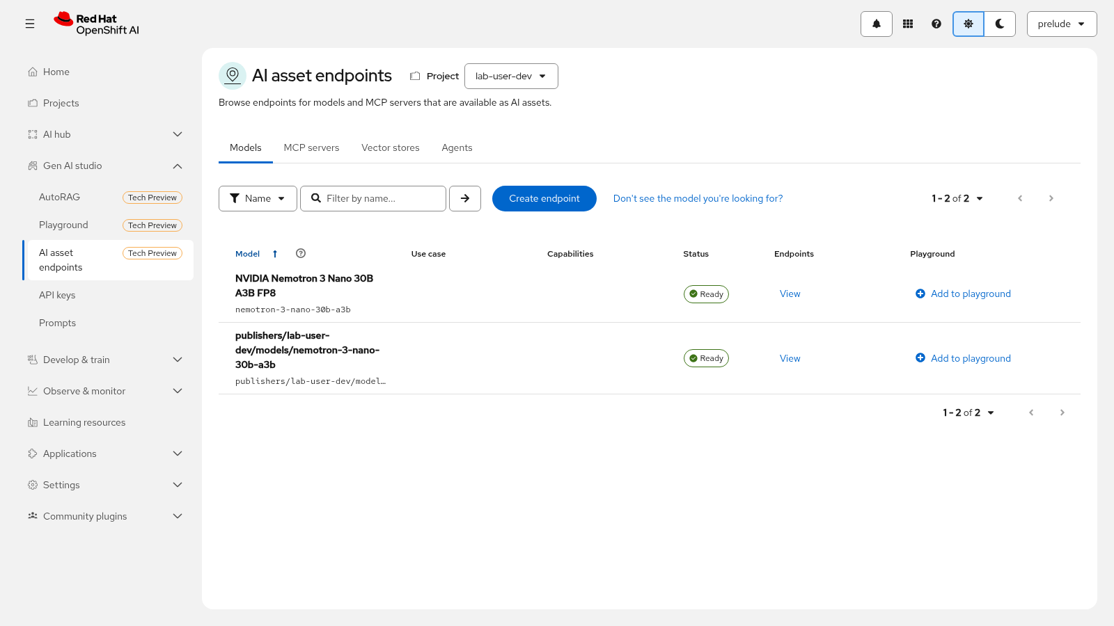 AI asset endpoints page with the model showing Ready status and View in the Endpoints column