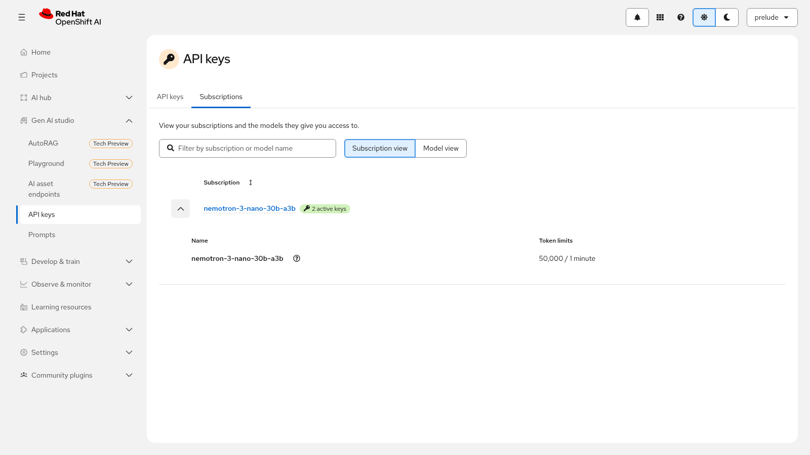Subscriptions view showing the subscription tiers and token rate limits