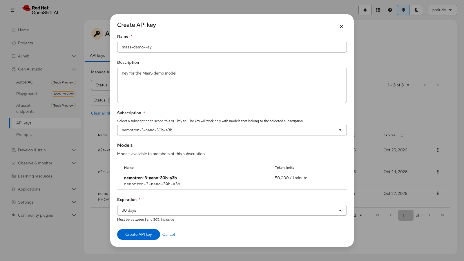 Create API key dialog with the name