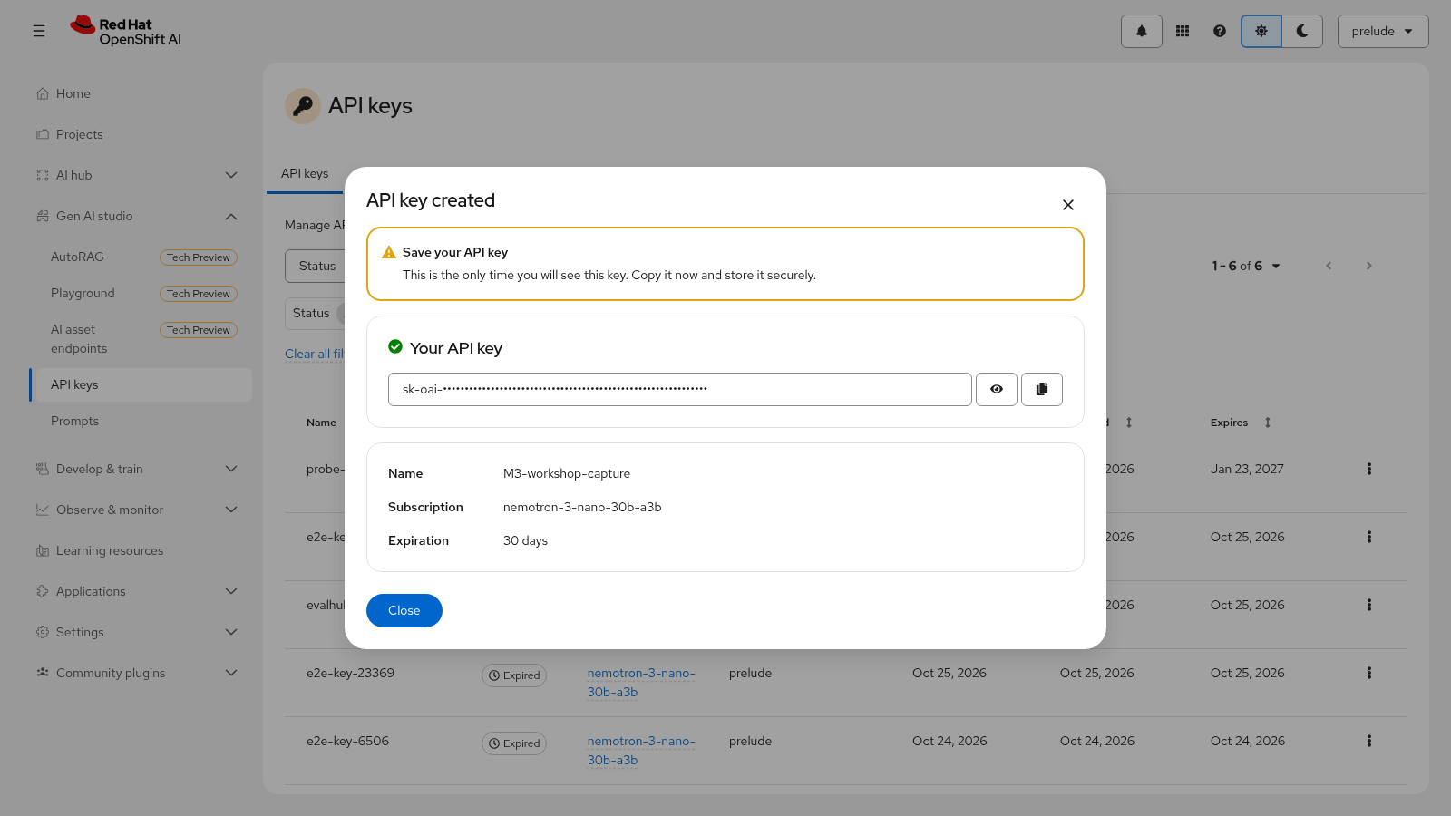 API key created dialog showing the one-time key display