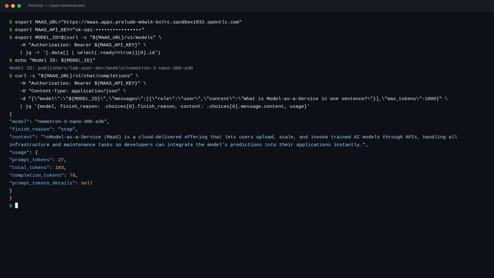 Test inference request through the MaaS endpoint returning a completion