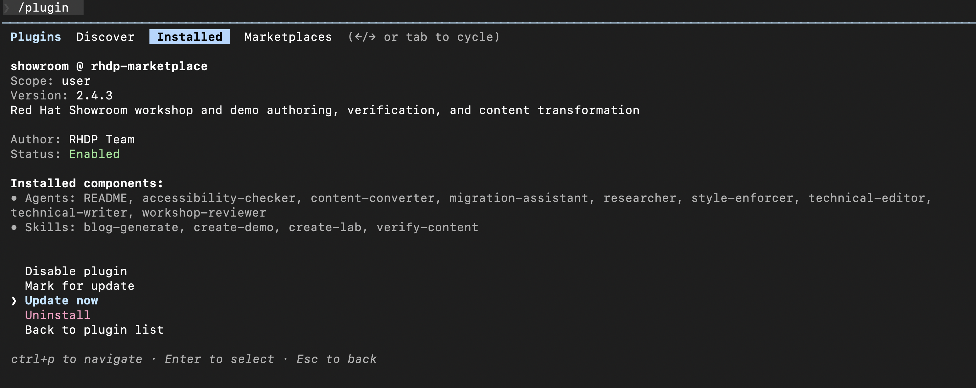 Plugin details showing version
