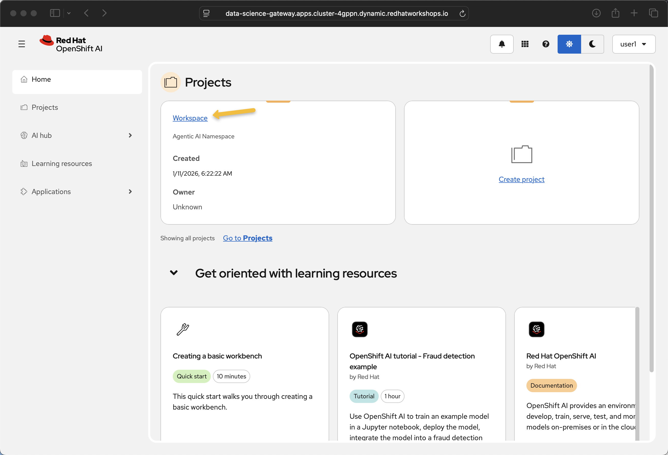 RHOAI console 5 projects
