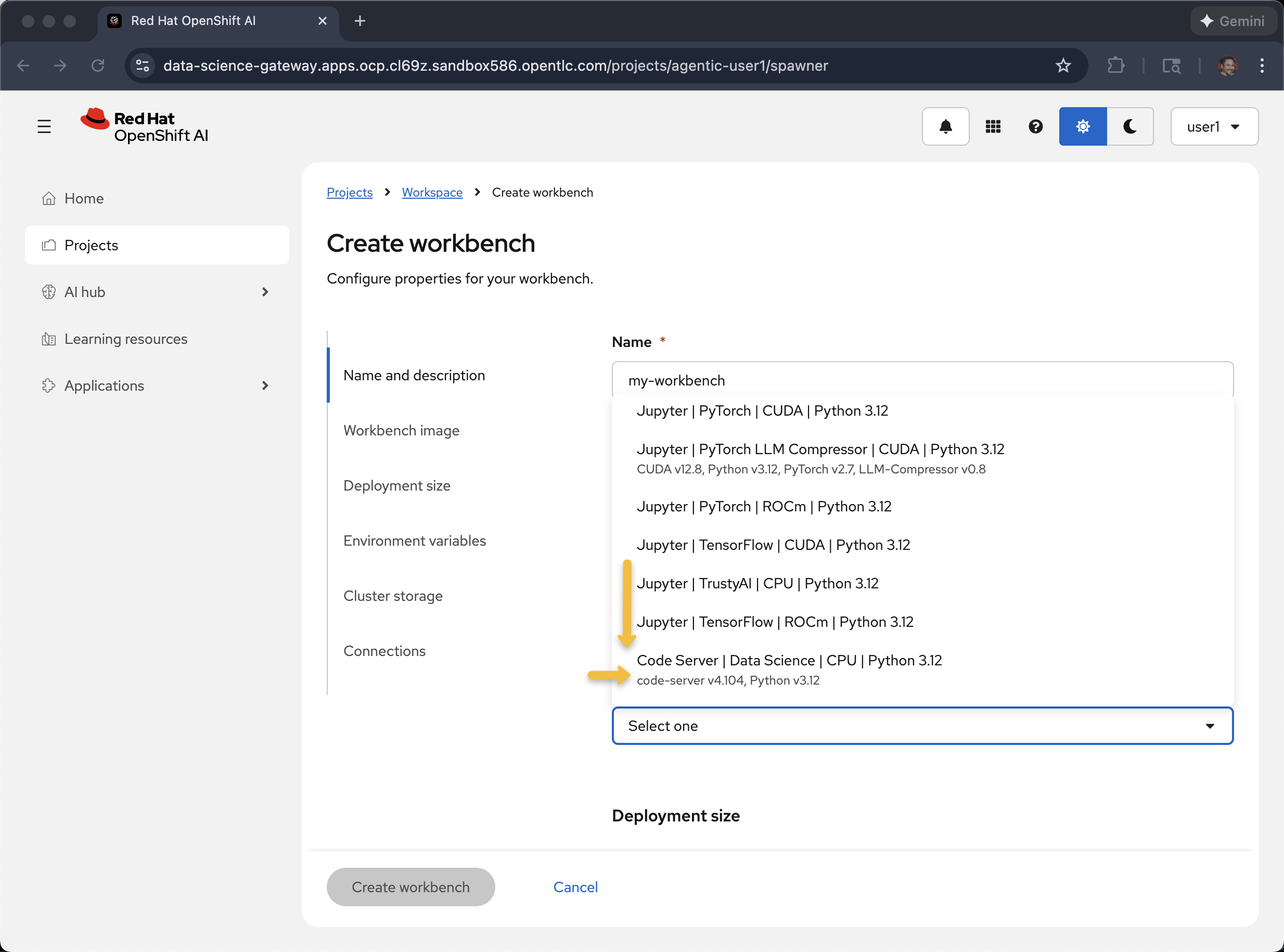 RHOAI console 8 code server