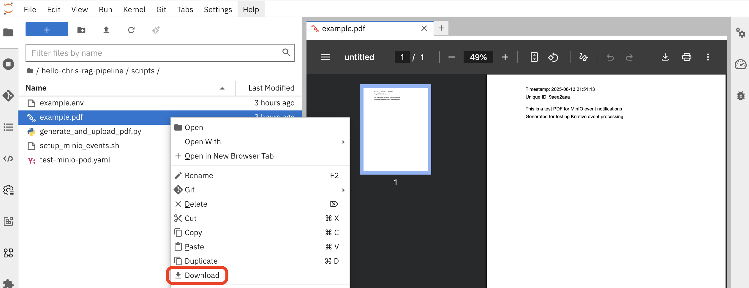 Downloading the example PDF from the workbench