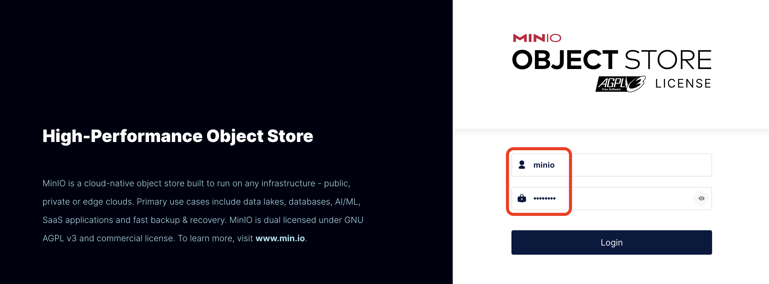 The MinIO console login page