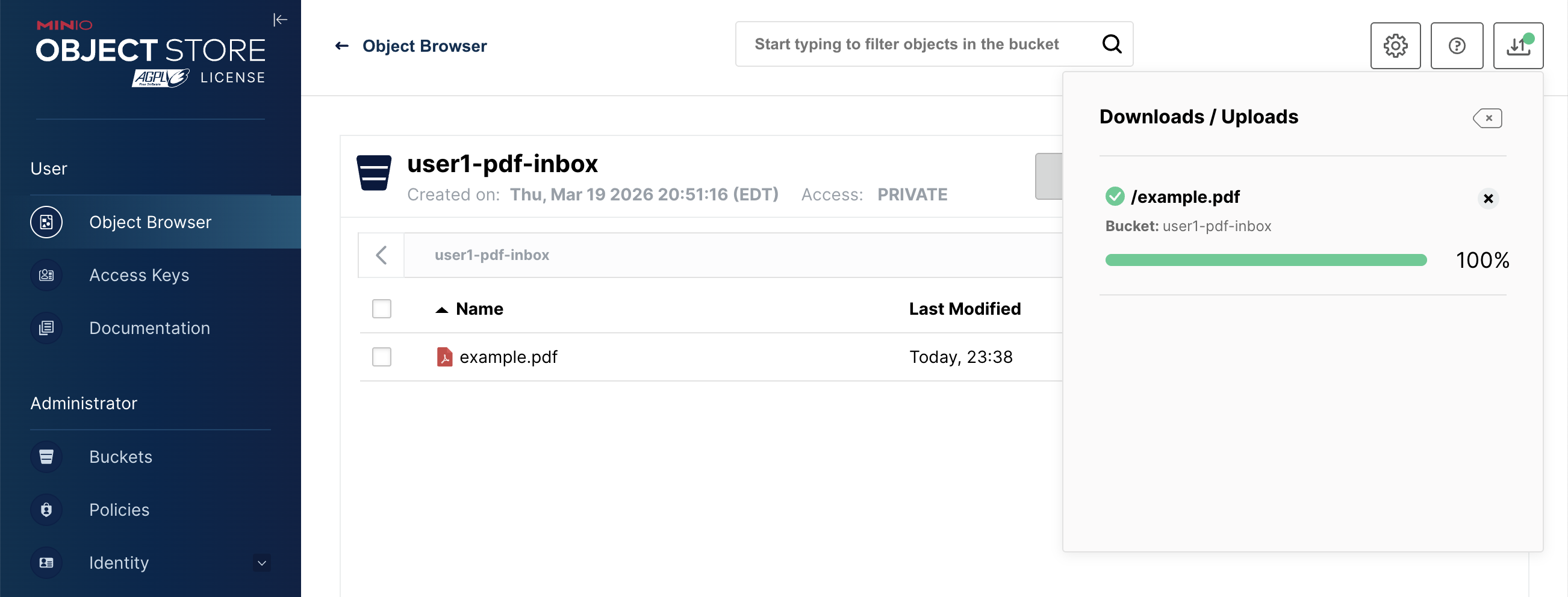 The uploaded PDF file visible in the MinIO bucket