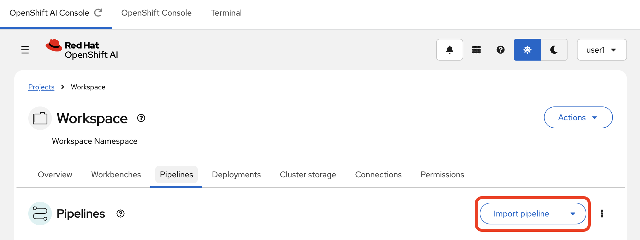 The Import pipeline button in the Pipelines section