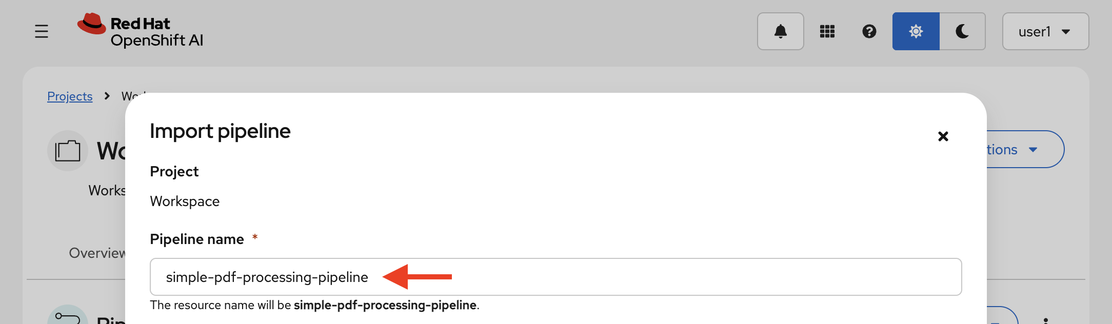 The pipeline name field filled in with simple-pdf-processing-pipeline