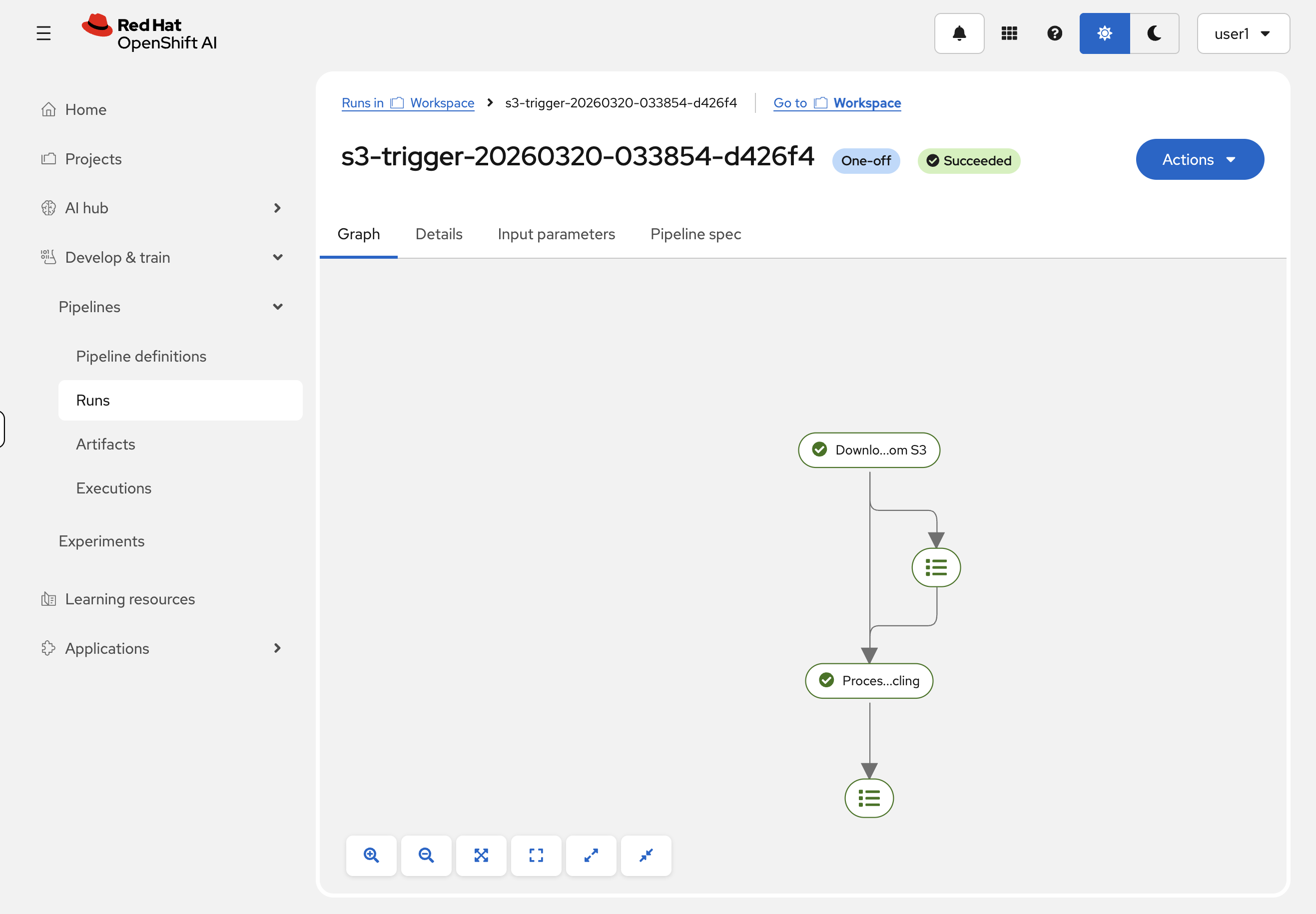 The pipeline run graph showing the download and processing components