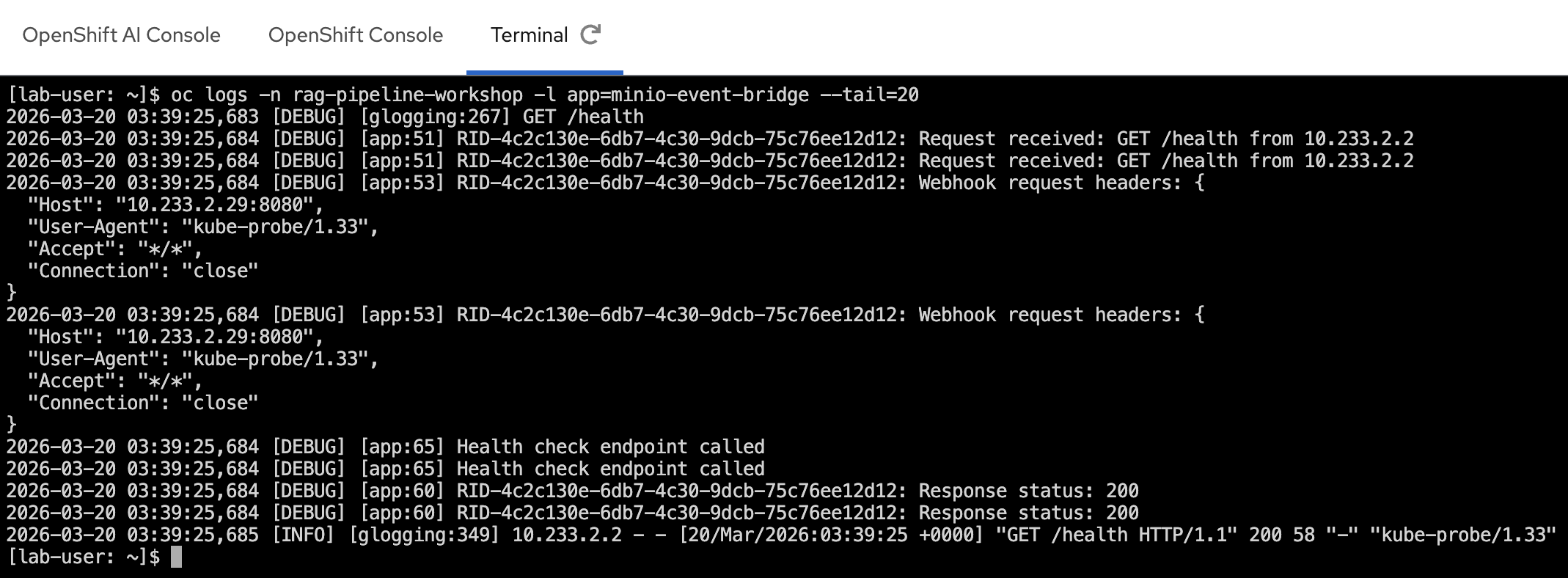 Log output from the minio-event-bridge showing CloudEvents being forwarded to Kafka