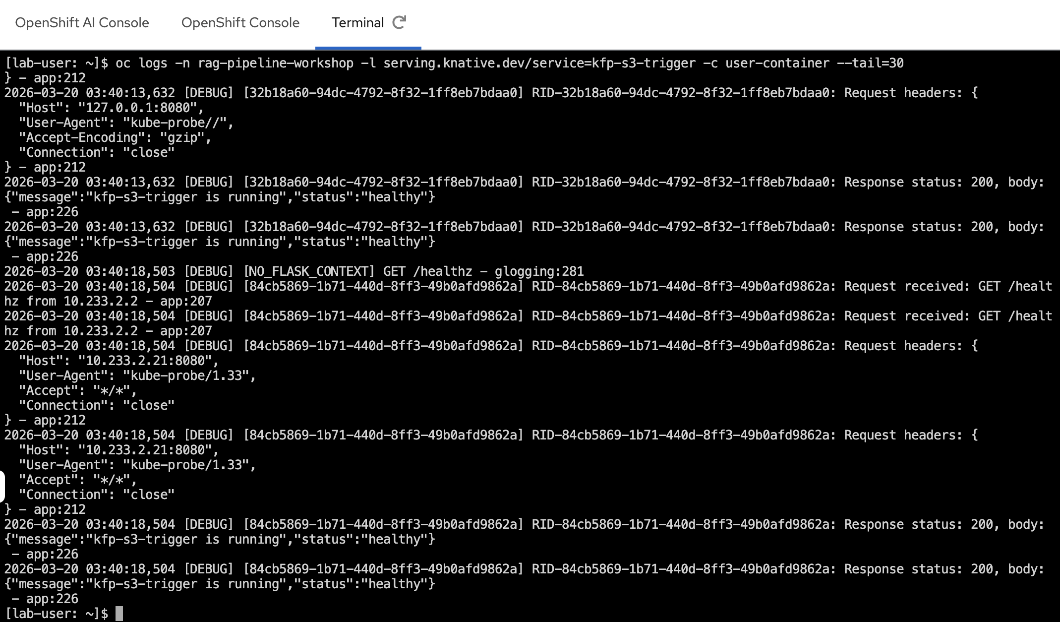 Log output from the kfp-s3-trigger pod showing multi-user routing and pipeline run creation