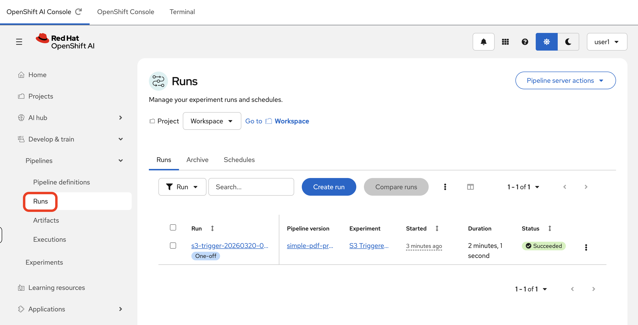 The Pipeline Runs page showing the triggered run in the S3 Triggered PDF Runs experiment
