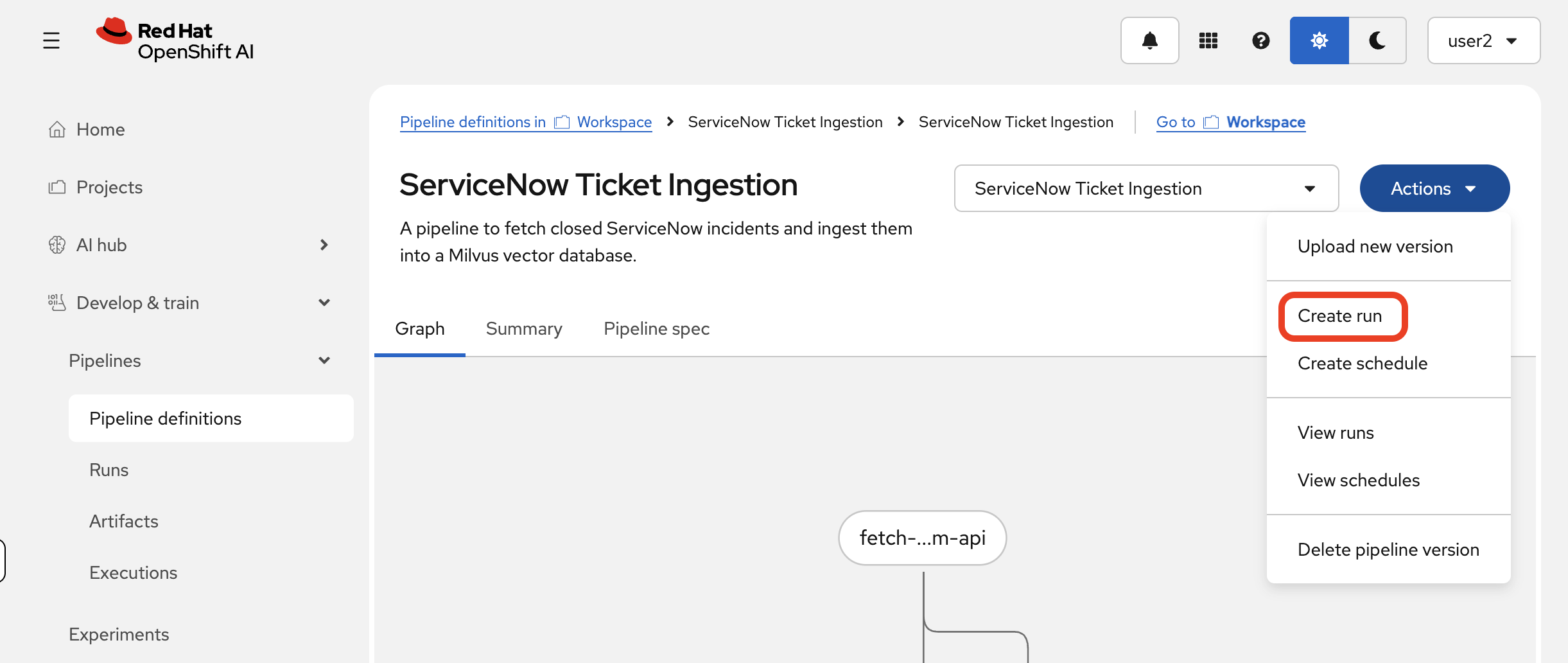 The Create run button on the pipeline details page.