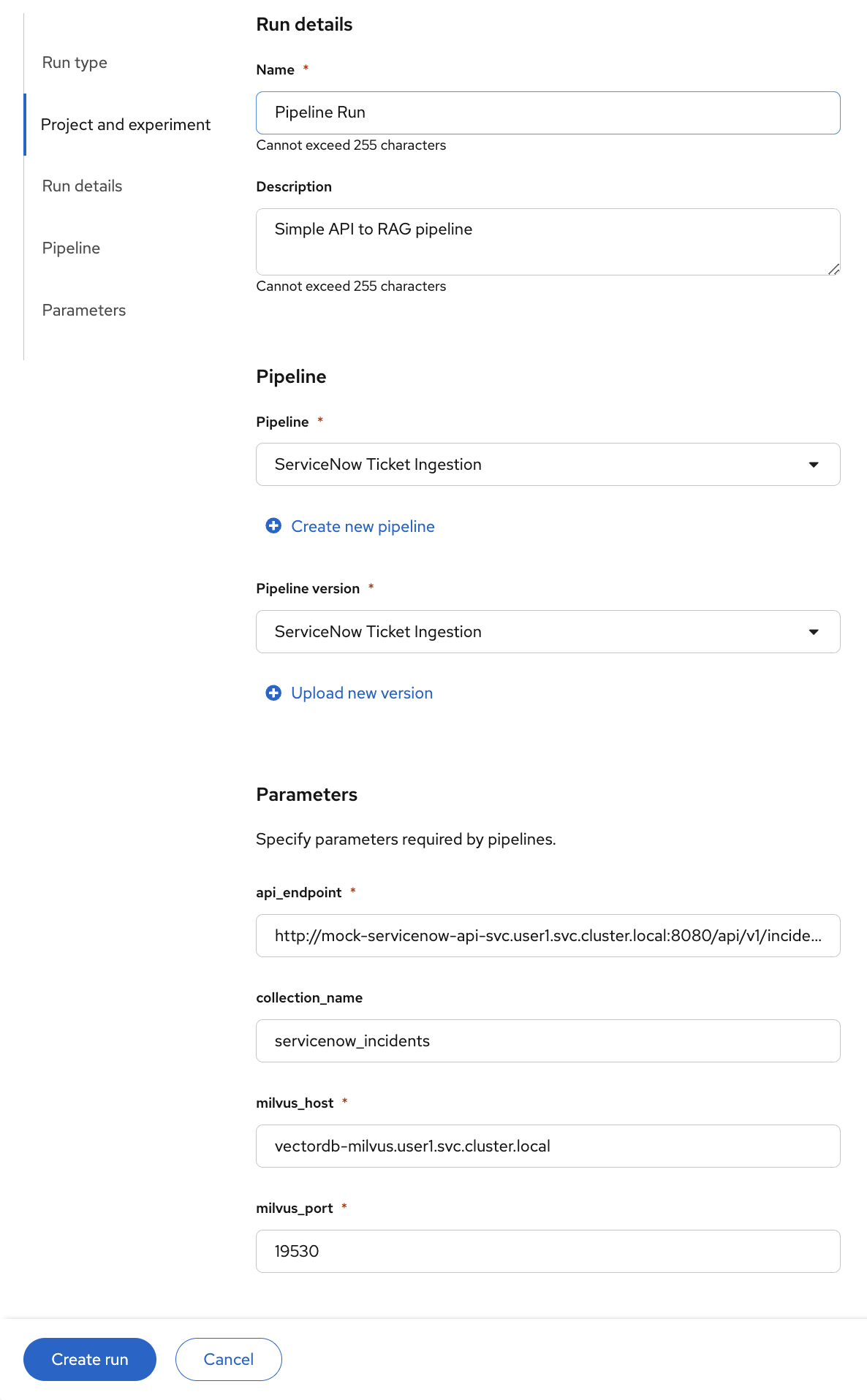 The completed pipeline run configuration form with all parameters filled in.
