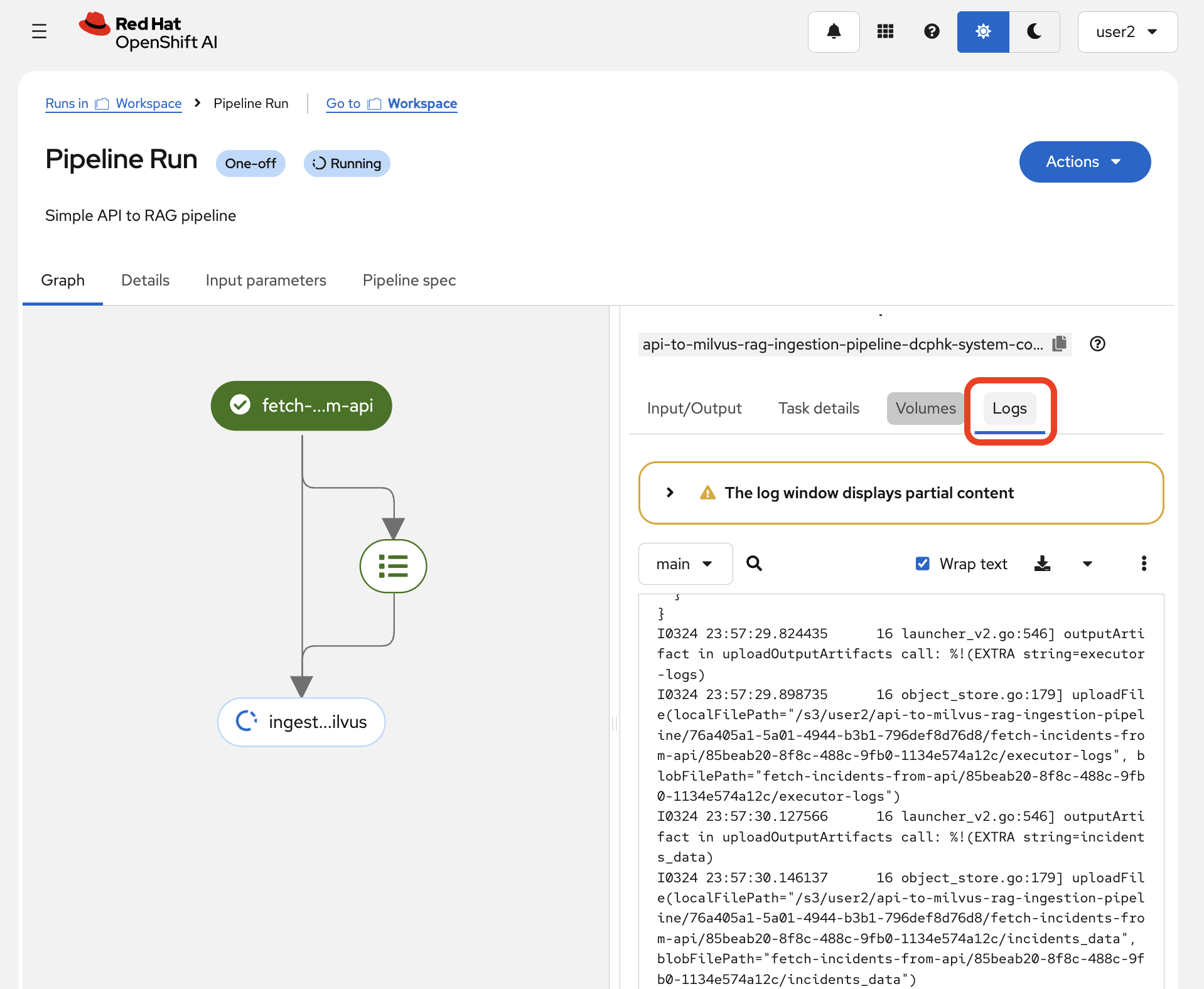 Logs from the fetch-data-from-api component showing a successful data fetch.