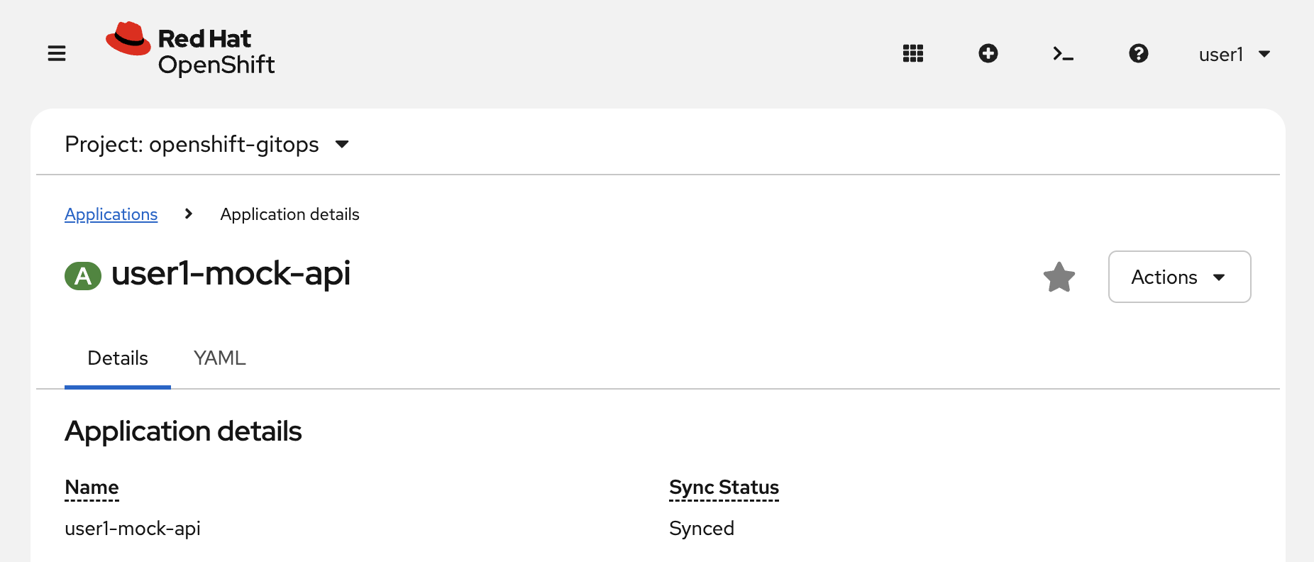 OpenShift confirmation banner showing the ArgoCD Application was successfully created