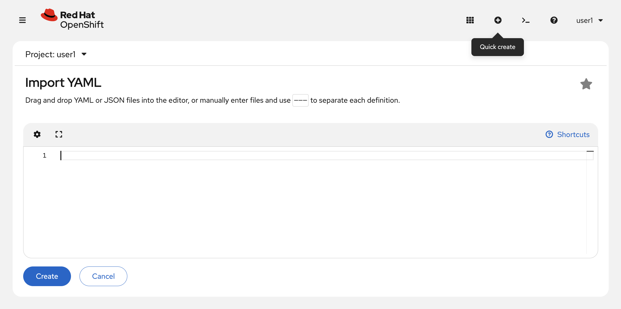 The OpenShift Import YAML editor with the ArgoCD Application manifest pasted in