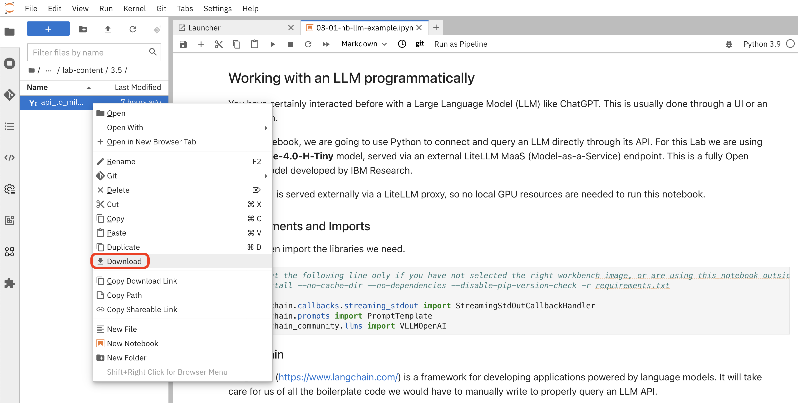 Downloading the pipeline YAML file from the JupyterLab interface.