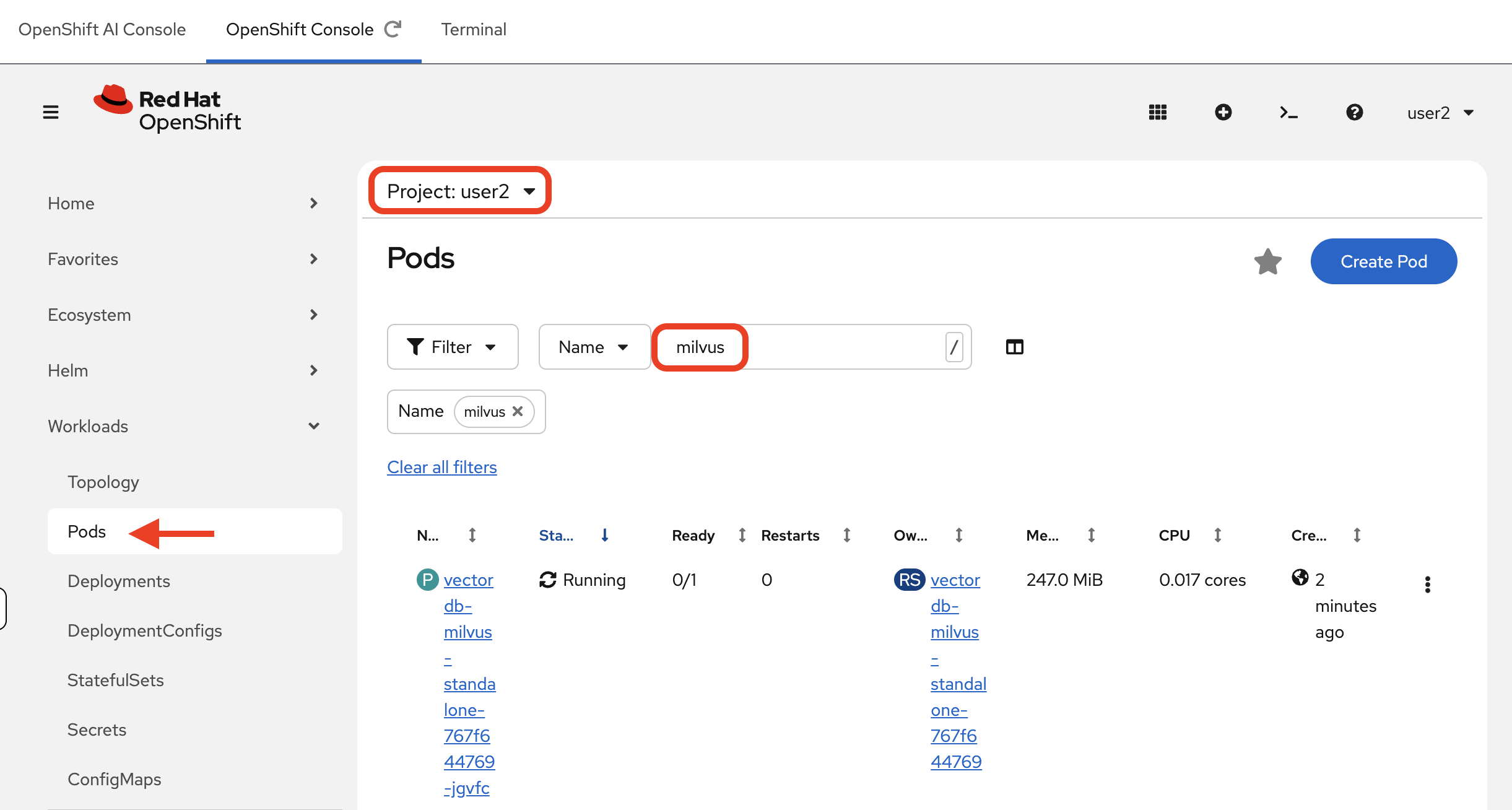 The Milvus pod running in the OpenShift Console under Workloads → Pods