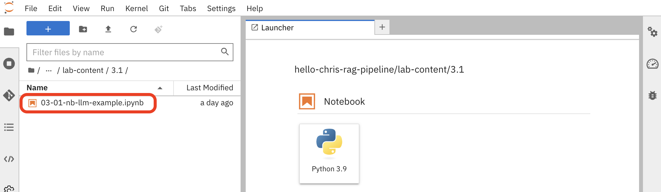Navigating to the lab materials folder in JupyterLab