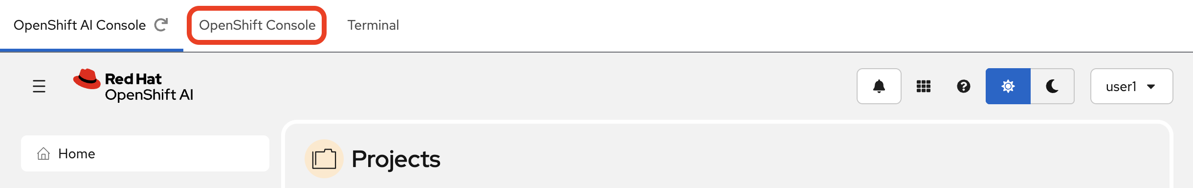 Opening the OpenShift Console from the Quick Links menu