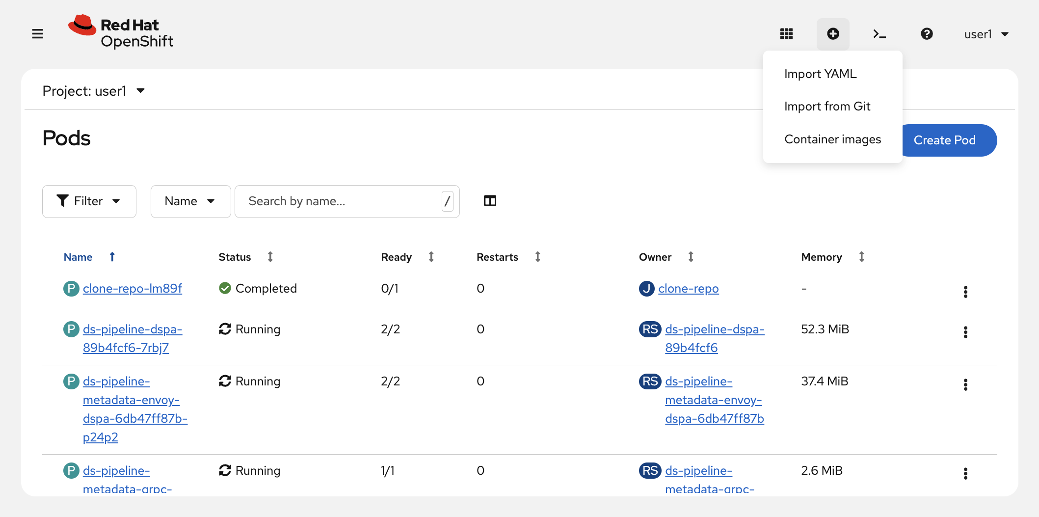 The Import YAML button in the OpenShift web console toolbar