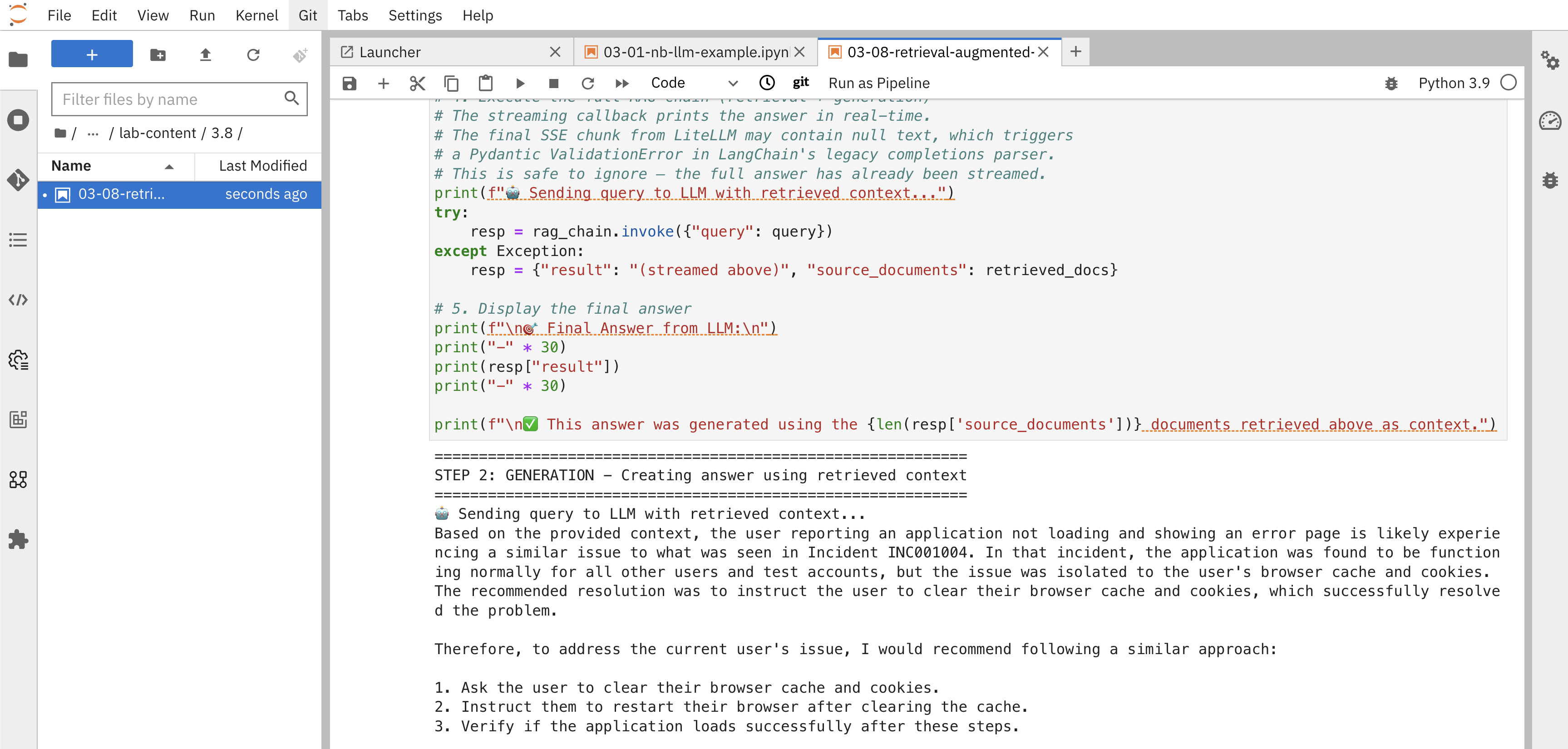 Example output from the Jupyter Notebook showing the LLM’s answer and the source incident retrieved from Milvus.