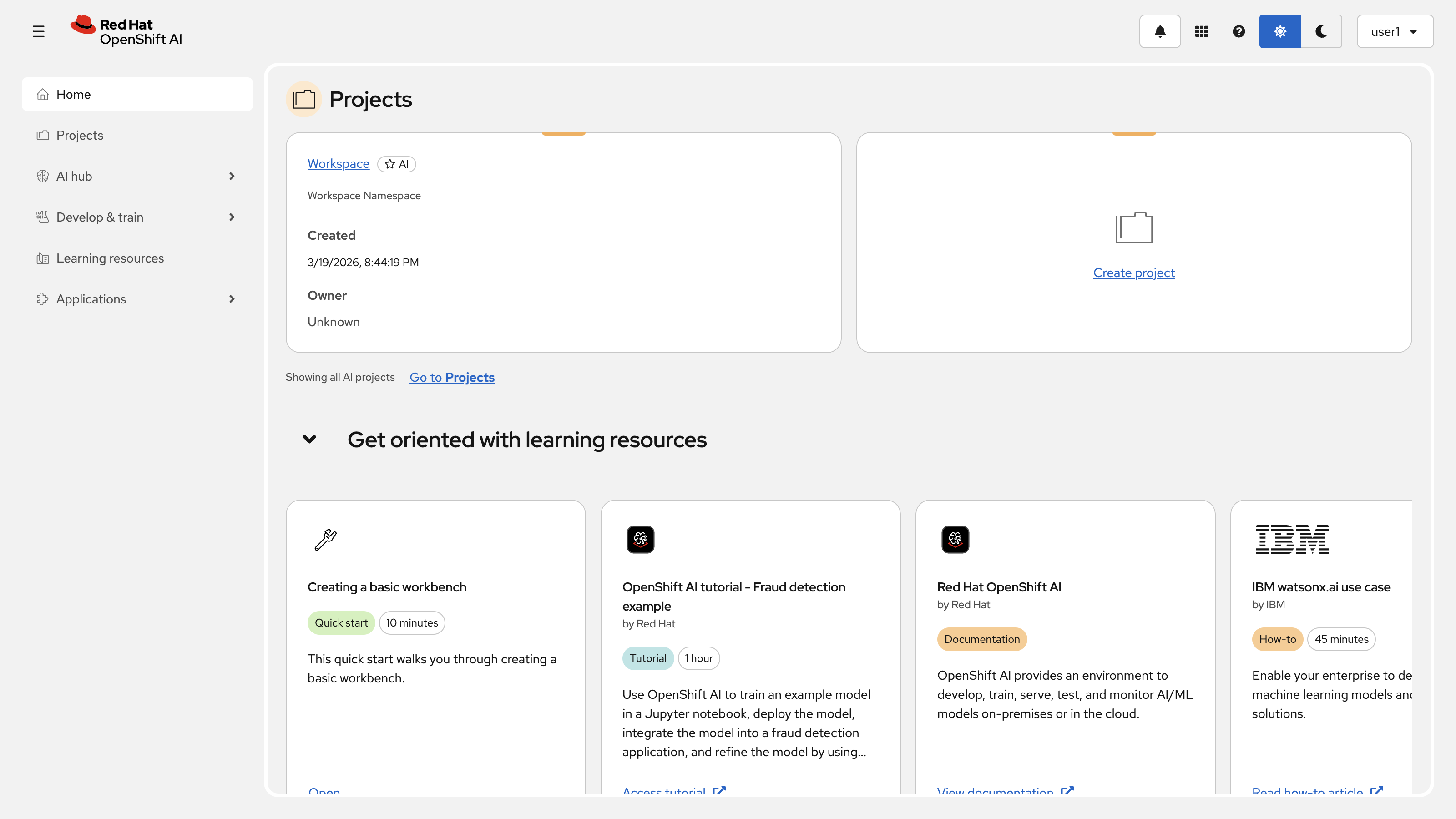 The main dashboard of Red Hat OpenShift AI after logging in