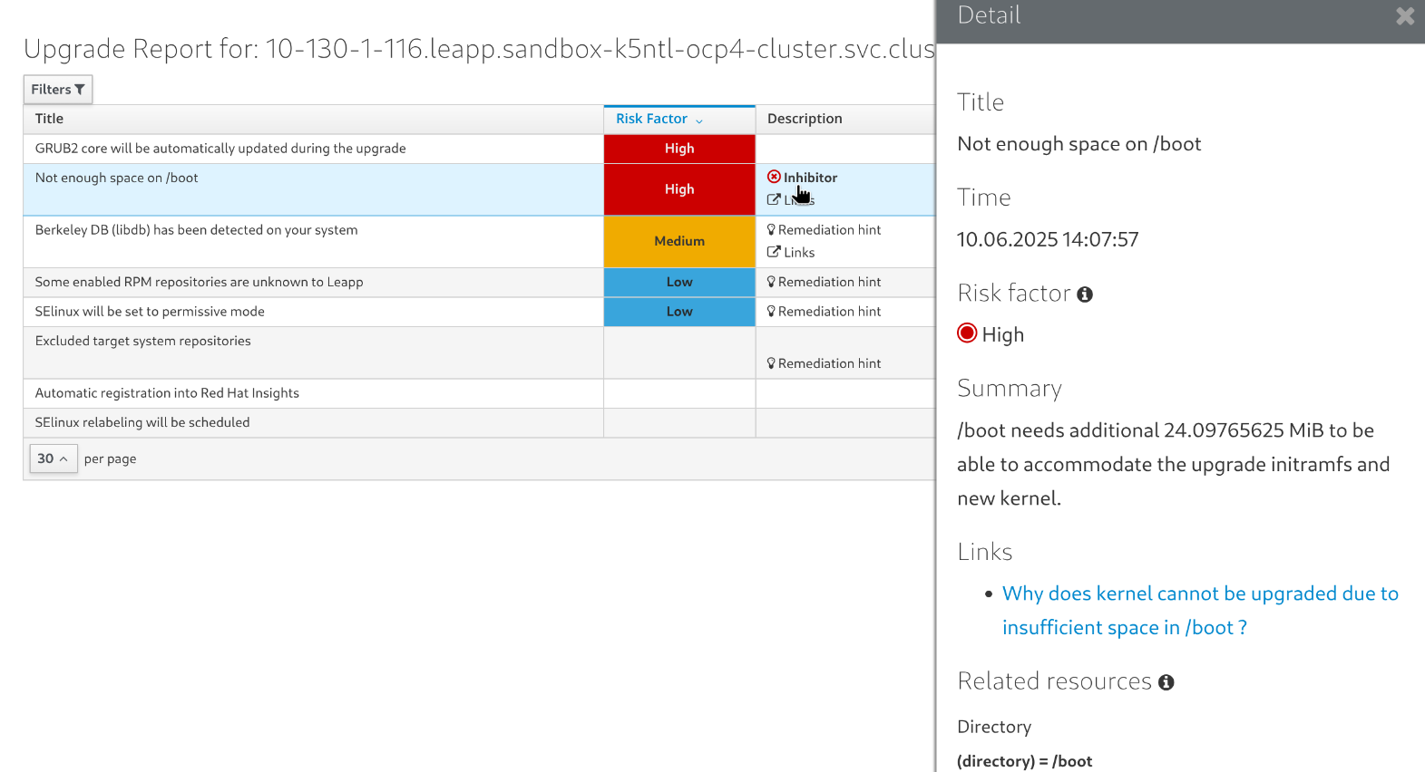Sample Leapp PreUpgrade Web Console Report