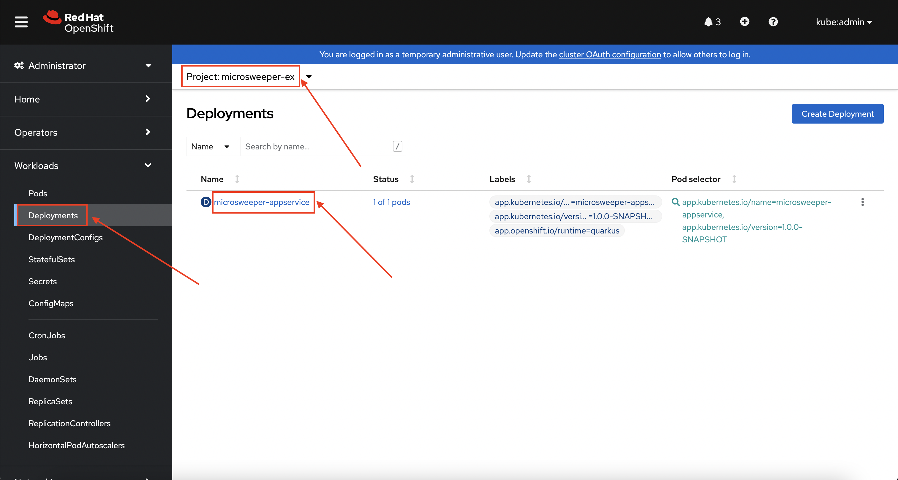 OpenShift Web Console - Deployments