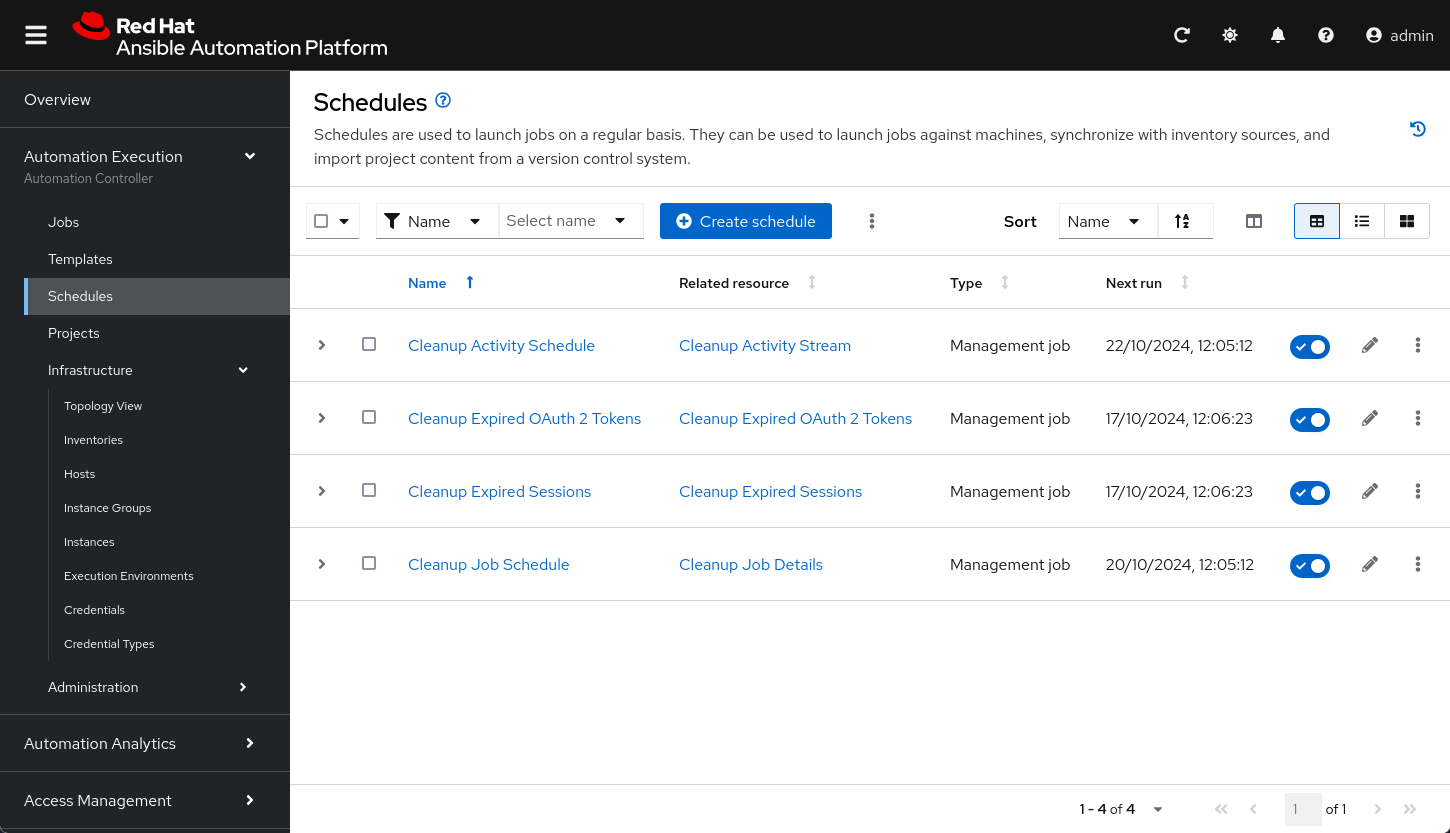 Schedules view in automation controller