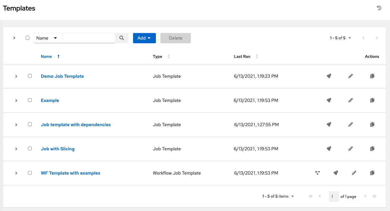 Job Templates list view in automation controller